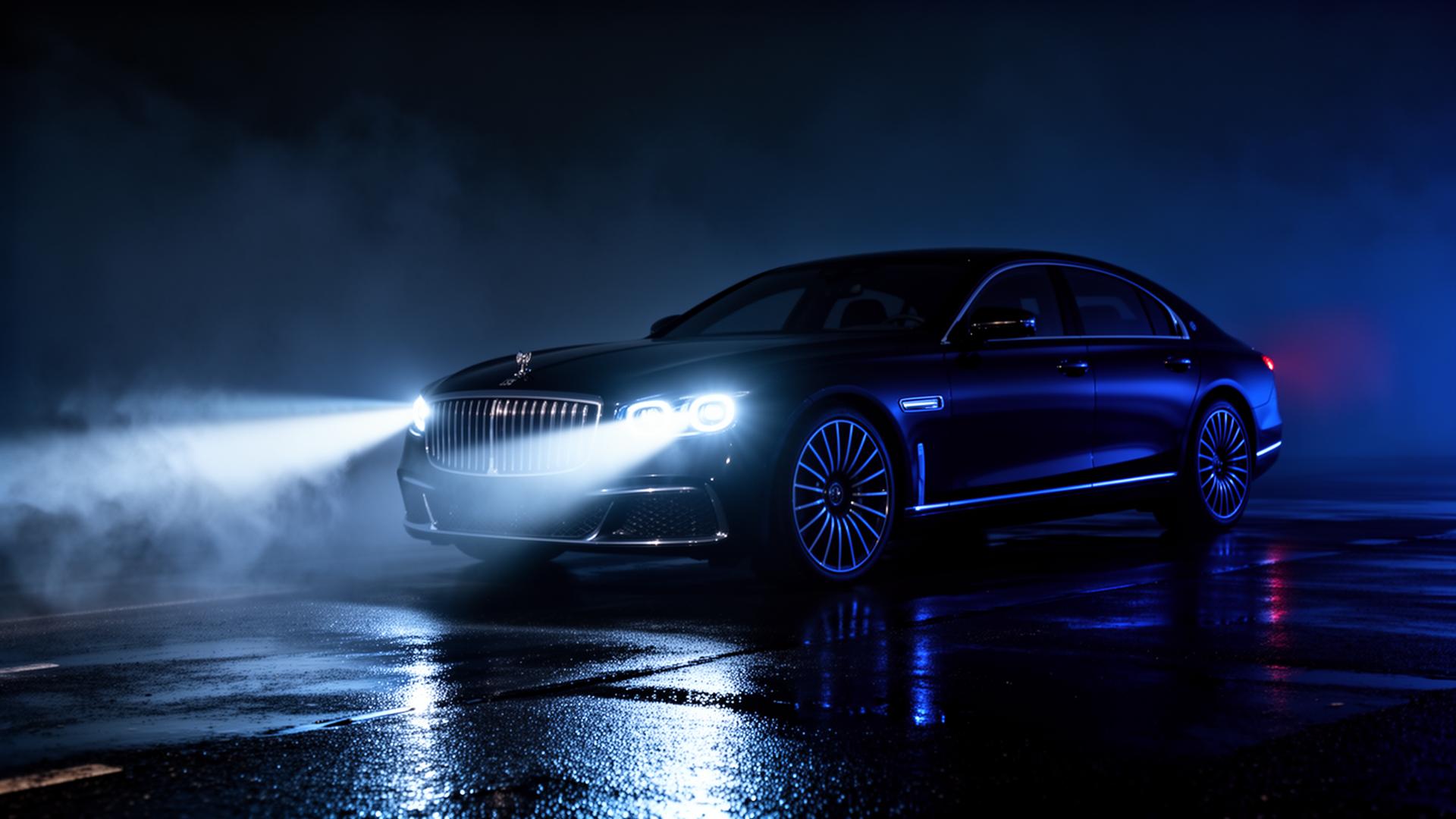 Auto z włączonymi reflektorami BiLED nocą